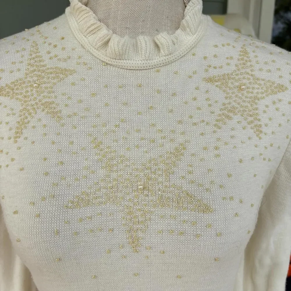 Vtg knit beaded cream sweater - Picture 2 of 5